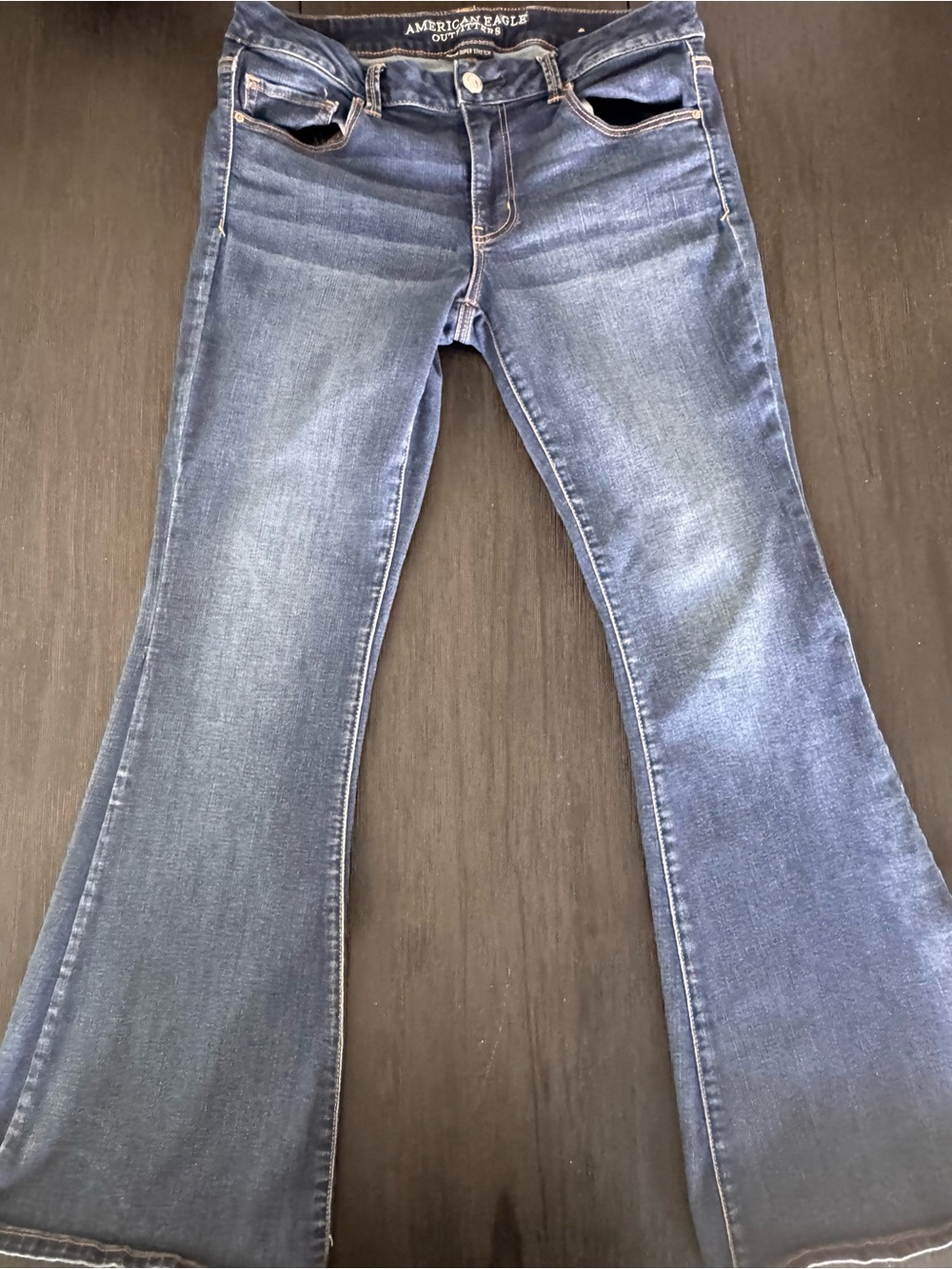 American Eagle Super Stretch Boho Flare Jeans Size 12 Festival Medium Dark Wash